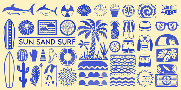 surfing icons set in blue monochrome style on yellow background surfboard dolphin