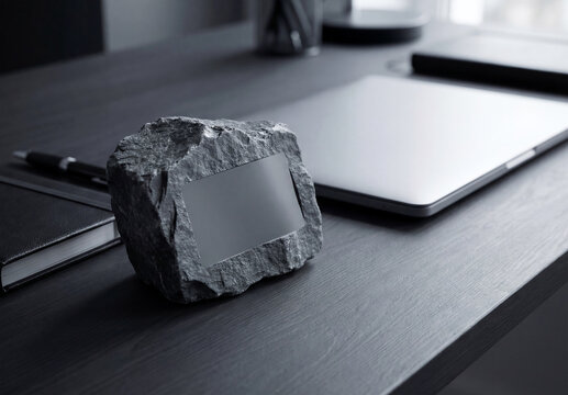 Smoothed black stone on dark wood desktop for a logo Mockup. Generative ai