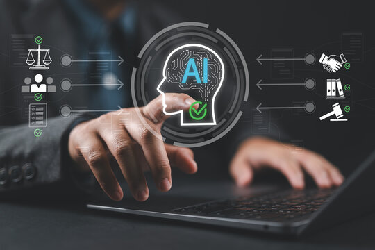 AI ethics and governance concept with businessman using explainable AI on laptop, representing responsible AI, compliance, transparency, fairness, and trustworthy AI development.