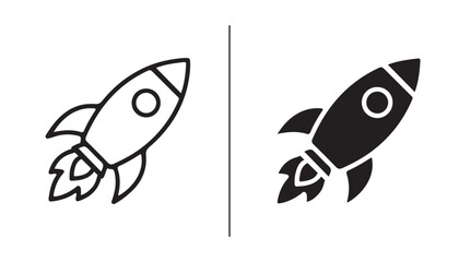 Rocket Icons Set: A set of two simple rocketship icons, one in outline and the other in solid black, symbolizing space exploration, startups, and swift progress. © iconstore