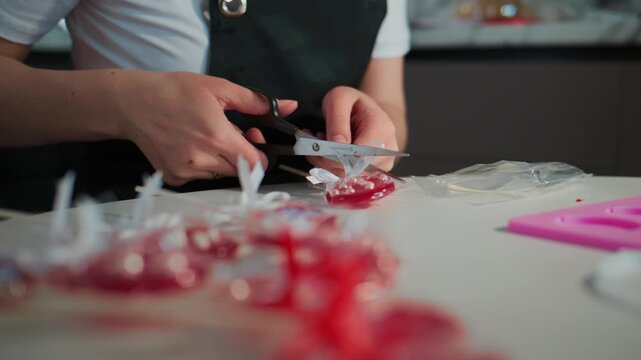 Person in an apron carefully cuts red candy wrappers with scissors. The workspace is cluttered with colorful candy pieces. The individual focuses intently on precise cutting