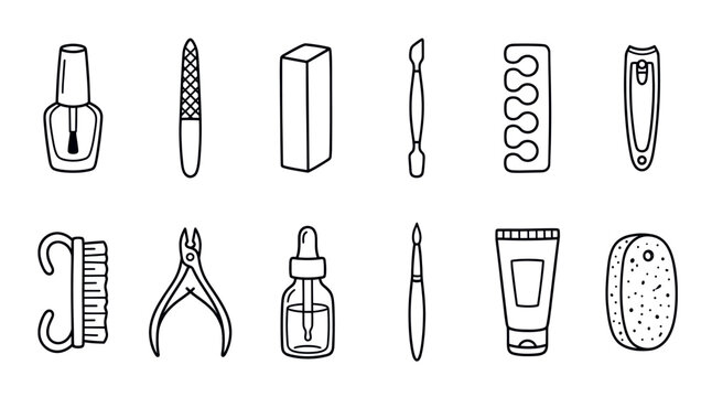 Collection of hand-drawn black outline manicure and pedicure tools, including nail polish, files, clippers, and buffers, on a clean white background