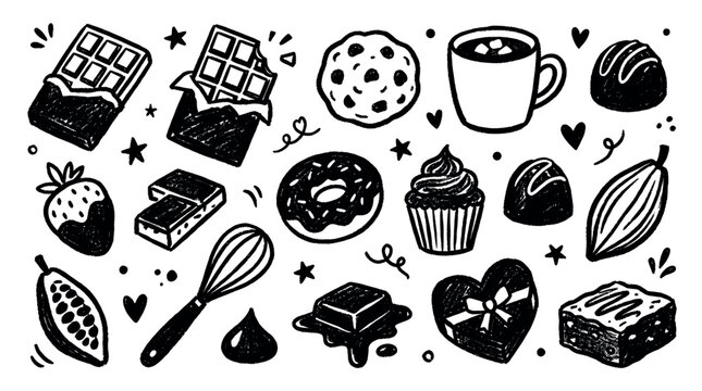 Various hand-drawn chocolate and dessert illustrations in a charming doodle style, featuring bars, candies, and baked goods on a white background