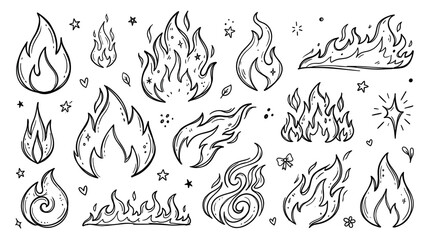 Fototapeta premium Collection of various hand-drawn fire flames in a doodle style, featuring different shapes and sizes on a clean white background