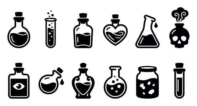 Various black and white potion bottles and laboratory glassware icons are neatly arranged on a clean white background