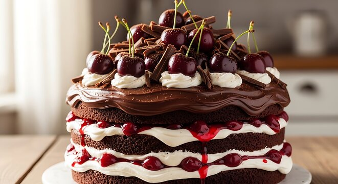 Decadent Chocolate Cherry Layer Cake Topped with Whipped Cream on Kitchen Table