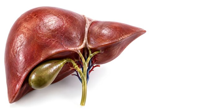 A healthy human gallbladder attached to the liver and biliary tract. Anatomically accurate visualization featuring the gallbladder, bile ducts, hepatic structures, and vascular details.