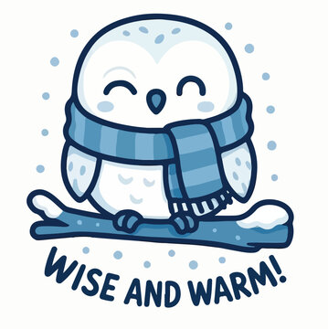 Cute white owl wearing a striped blue scarf sitting on a snowy branch with a happy smiling expression and text