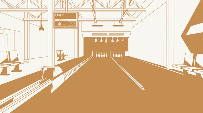 Bowling Alley Interior with Lanes, Pins, and Seating - Minimalist Illustration