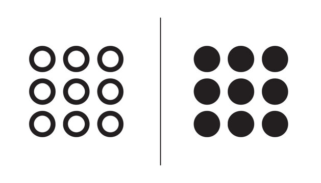 Contrast of Circles: A clear visual representation demonstrating contrast between empty white circles and solid black circles, neatly arranged in grids separated by a vertical line.