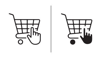 Shopping Cart Click Icons: A graphic representation showing a shopping cart with a finger clicking on it in two distinct styles, one outline and one solid fill, symbolizing online purchasing actions. © iconstore