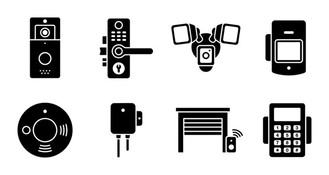 Smart Home Security Icons: Doorbell, Lock, Camera, Sensor, Garage, Keypad Vector Set