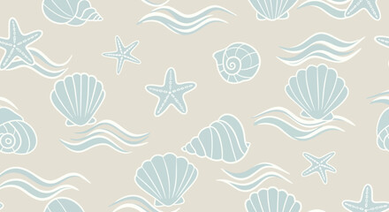 Seamless Pattern with Delicate Seashells and Starfish on a Light Background. © Rejeki