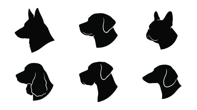 Collection of dog head silhouettes in various breeds and styles