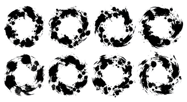 Set of eight black ink brush stroke circles with splatter effect.