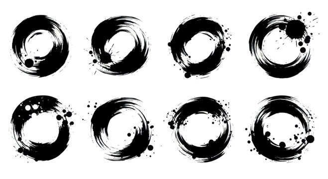 Set of Eight Black Ink Brush Stroke Circles with Splatter Effects.
