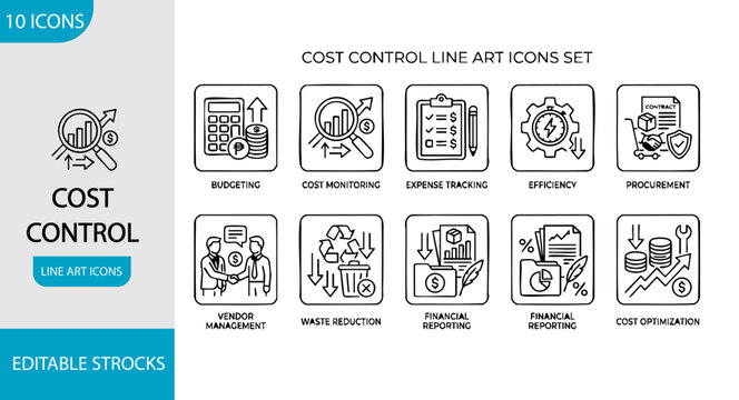 Cost Control icon set. Contain icons related to cost control, budgeting, expenses, saving, allocation, planning, management