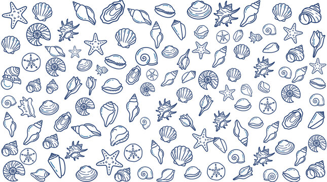 Various hand-drawn seashells, starfish, and sand dollars create a charming seamless pattern with a clean white background