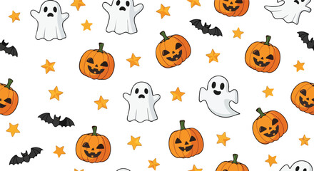 Obraz premium Cute Halloween Motif With Happy Pumpkins Friendly Ghosts and Flying Black Bats Among Golden Stars on a Clean White Background