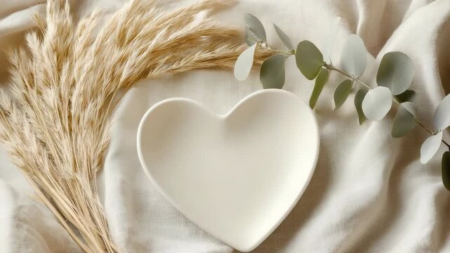 A heart-shaped dish rests on soft fabric surrounded by dried plants and leaves. The light shines down, illuminating the simple arrangement in a bright space