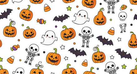 Fototapeta premium Cute Halloween Seamless Pattern Featuring Small Stars Whimsical Spooky Characters Carved Gourds and Tiny Skeletons on White Background