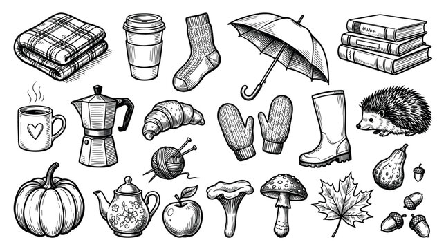 Various hand-drawn autumn and cozy objects including a pumpkin, coffee cup, umbrella, and hedgehog in a black and white sketch style