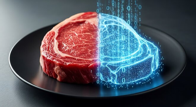A raw steak morphs into a digital representation with binary code pouring down