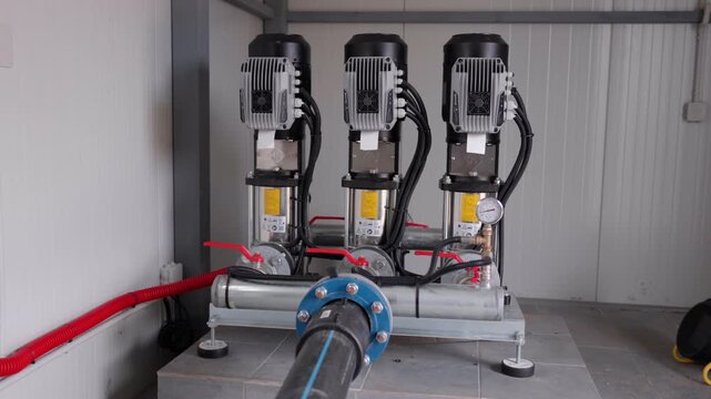 Industrial water pump system with three electric motors connected to a pipeline, showcasing detailed components and equipment in a clean, modern facility setting