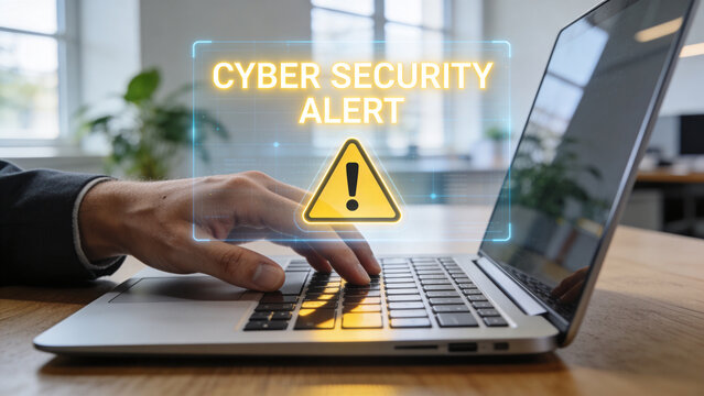 Cyber Security Alert Warning on Laptop Computer with Data Protection, Network Security, Threat Detection, Cyber Attack Prevention and Information Security Concept