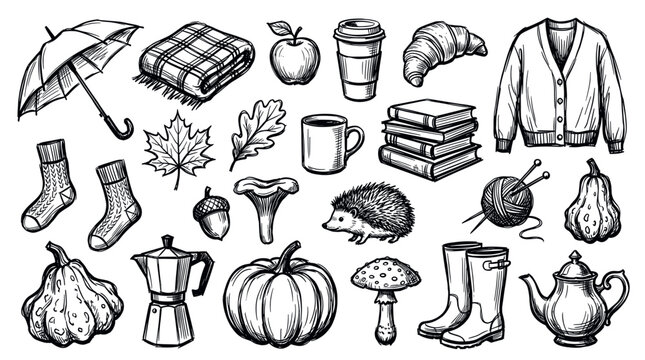 Various hand-drawn autumn-themed objects including an umbrella, pumpkin, socks, and coffee cup, rendered in a classic sketch style on a clean white background