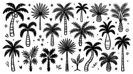 Fototapeta premium Collection of various hand-drawn black palm trees and tropical plants with doodle elements on a white background