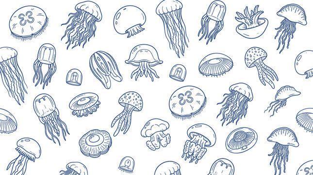 Various hand-drawn jellyfish illustrations in blue outline create a seamless pattern on a clean white background, showcasing diverse marine life