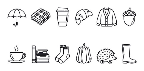 Obraz na płótnie Canvas Collection of various autumn-themed outline icons including an umbrella, blanket, coffee cup, croissant, cardigan, acorn, hot drink, books, socks, pumpkin, hedgehog, and rain boot on a clean
