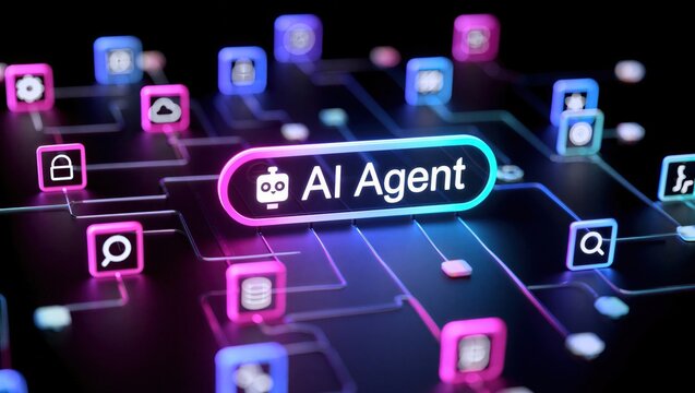 AI agentic workflow automation artificial intelligence agent software interface nodes triggers data tool dashboard coding icon flow process database technology 3d rendering.