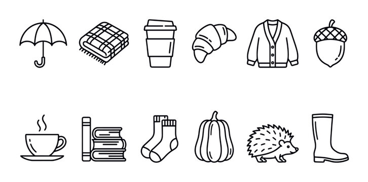 Collection of various autumn-themed outline icons including an umbrella, blanket, coffee cup, croissant, cardigan, acorn, hot drink, books, socks, pumpkin, hedgehog, and rain boot on a clean
