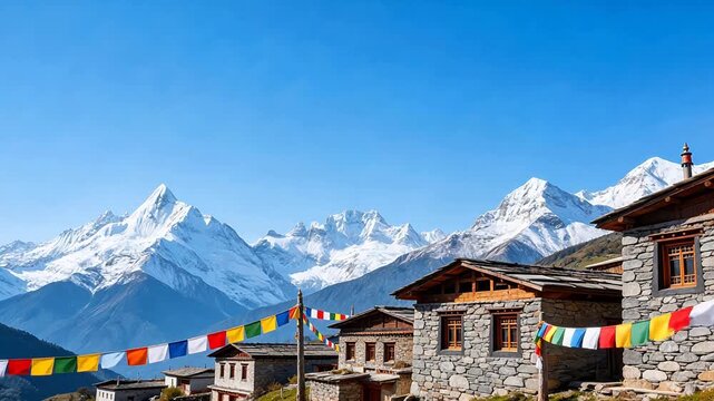 Mountain village with prayer flags