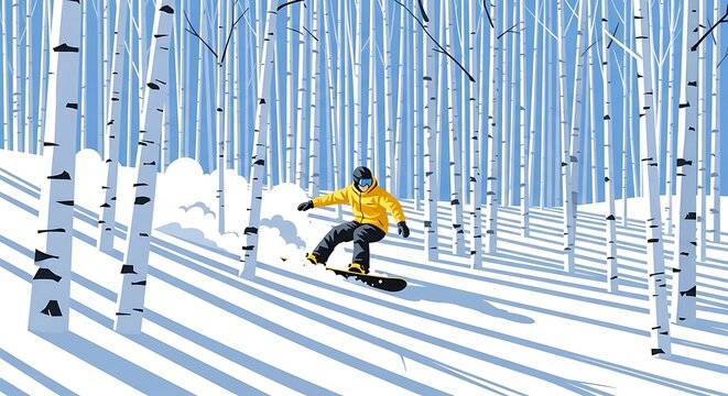 A snowboarder carves through fresh powder in a snowy birch forest