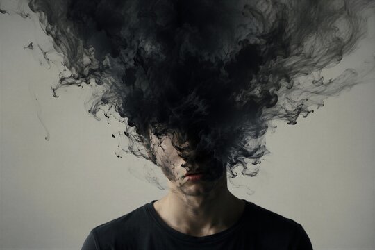 Man with black ink smoke cloud over head. Conceptual portrait representing mental health, stress, anxiety and depression. Psychological struggle expressed through artistic smoke effect