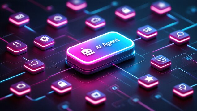 AI agentic workflow automation artificial intelligence agent software interface nodes triggers data tool dashboard coding icon flow process database technology 3d rendering.