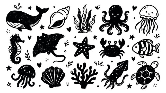 Cute black and white hand-drawn marine animals and sea creatures doodle collection on a clean white background