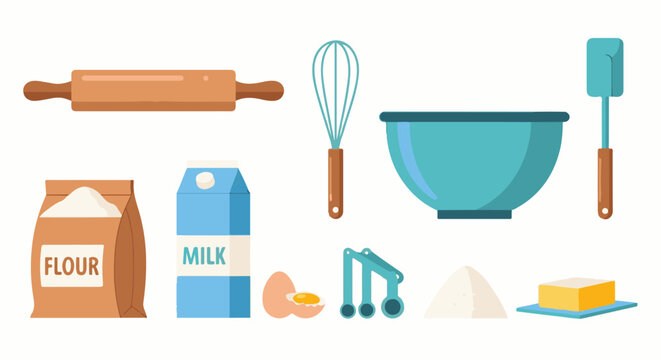 Baking ingredients and tools rolling pin, flour, milk, egg, whisk, bowl, spatula, measuring spoons, sugar, butter
