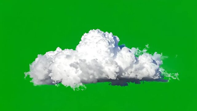A single fluffy white cloud isolated against a vibrant green background screen