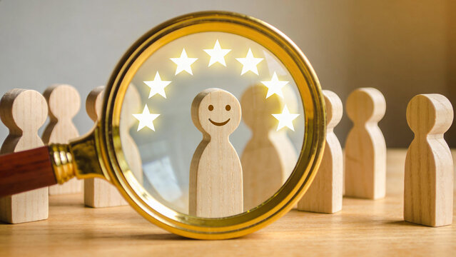 Customer Satisfaction Evaluation Concept with Magnifying Glass Highlighting Smiling Wooden Figure and Five Star Rating Symbol for Quality Assessment and Feedback Analysis
