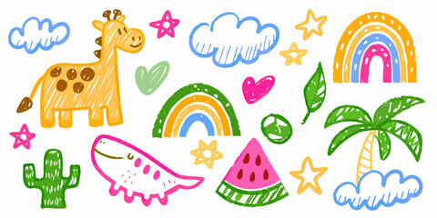 children s crayon drawings colorful giraffe and rainbow on white background childrens