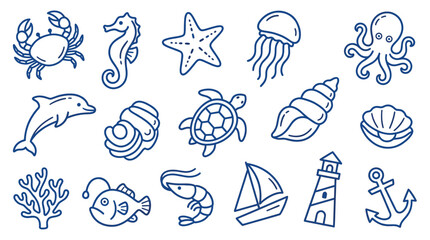 Naklejka premium Collection of various blue outline sea creatures and nautical elements, including a crab, dolphin, and lighthouse, on a clean white background