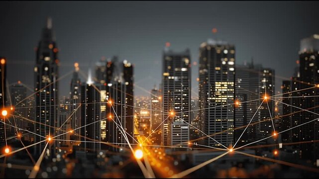 Social media fo city and Smart digital Innovation city with connection network reciprocity over the cityscape. of future smart wireless city and social media networking systems that connects business