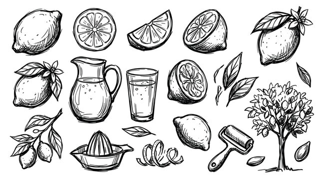 Hand-drawn black and white lemon elements, including whole fruits, slices, juice, and a tree, on a clean white background