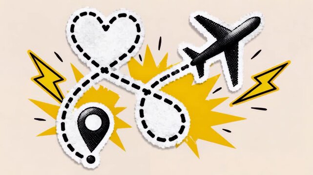Pop Art Halftone Travel Route Sticker Illustration, Vacation Journey Map Concept, Destination Planning, Torn Paper Collage Element, Retro Magazine Style Graphic, Video