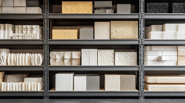 Assorted construction material samples and concrete bricks on metal shelves in showroom or studio factory background.