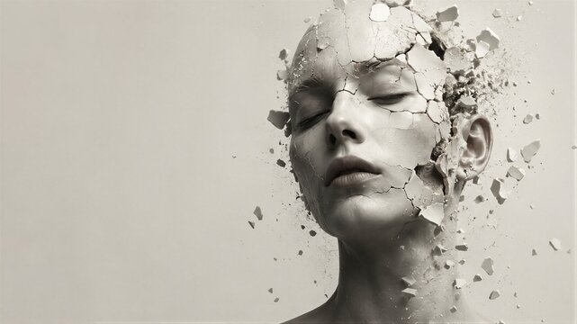 Woman with exploding head made of cracked porcelain. Creative portrait demonstrating mental stress, anxiety and psychological breakdown. Surreal conceptual art of human emotional collapse